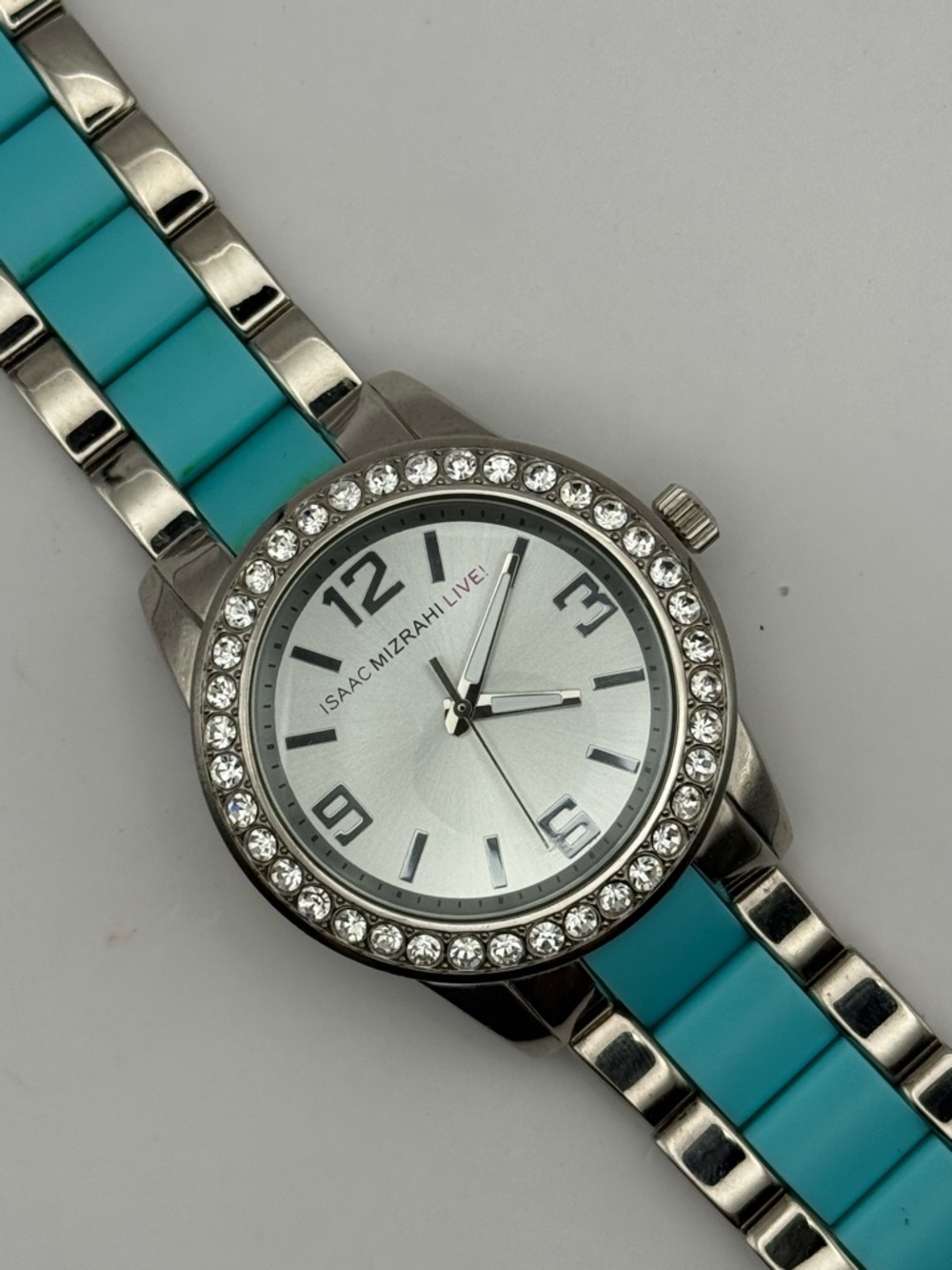 Isaac Mizrahi Live! Silver Tone Dial Case Turquoise Link Bracelet Band Watch